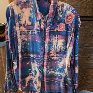 Colorful Custom Bleached Flannel Button-Up Shirt with Floral Embroidery